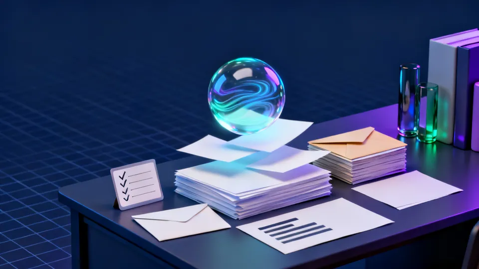 A glowing glass sphere sorting documents and envelopes into neat stacks on a desk
