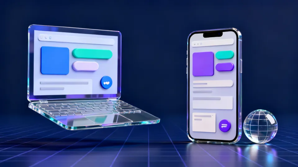 A glass laptop and a phone showing the layout of a simple business website with a chat button