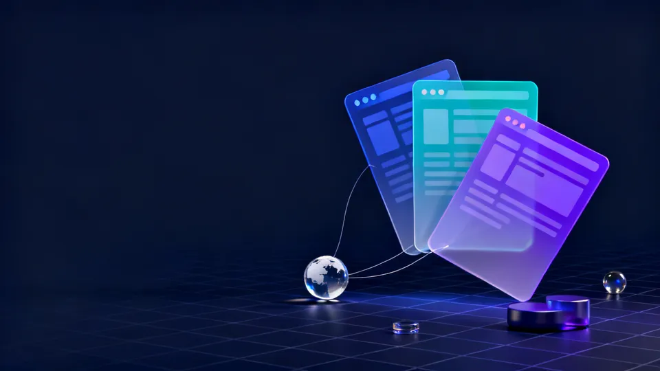 Three translucent copies of one web page fanned out from a small globe