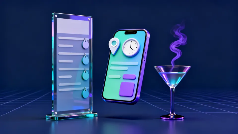 Стеклянная карточка меню с пустыми строками цен рядом со смартфоном, на экране которого метка на карте и часы, а рядом бокал коктейля и струйка дыма в мягком фиолетовом свете