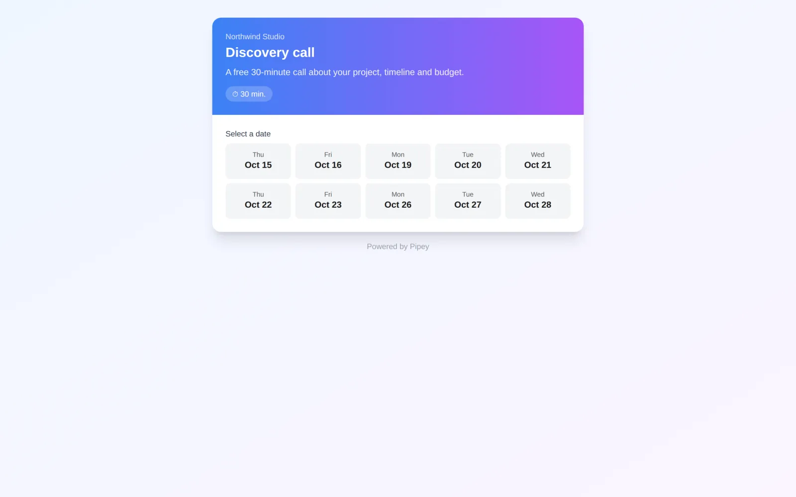 The public booking page in Pipey: a 30-minute call and a choice of dates over the next two weeks