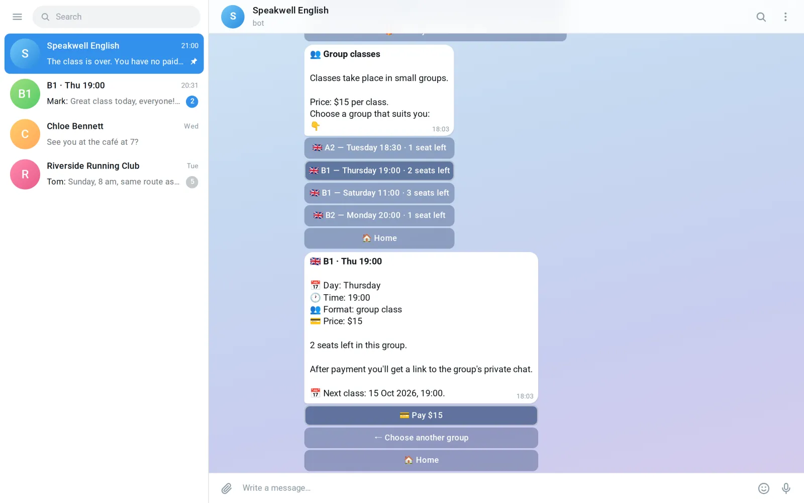 Групповые занятия в боте Speakwell English: группы по уровню, дню и времени с оставшимися местами и карточка одной группы
