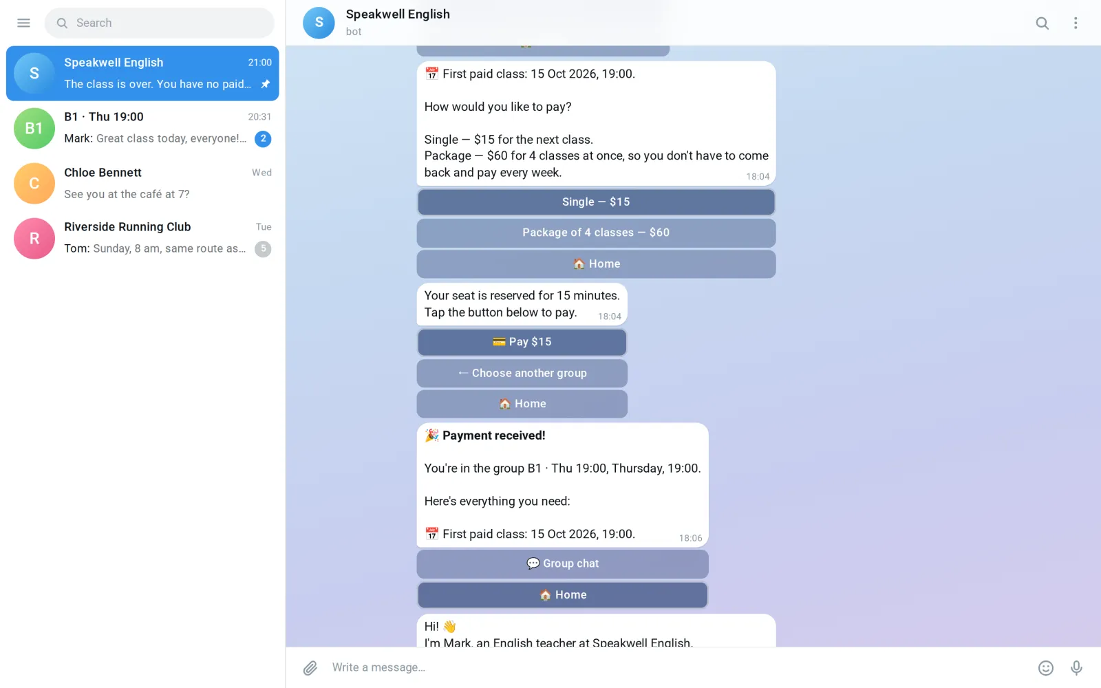 Paying for a class in the English school bot: one class or a package of four, with the seat held for 15 minutes